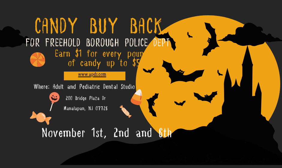 Halloween candy buyback flyer for Freehold Borough Police Dept with haunted castle silhouette.