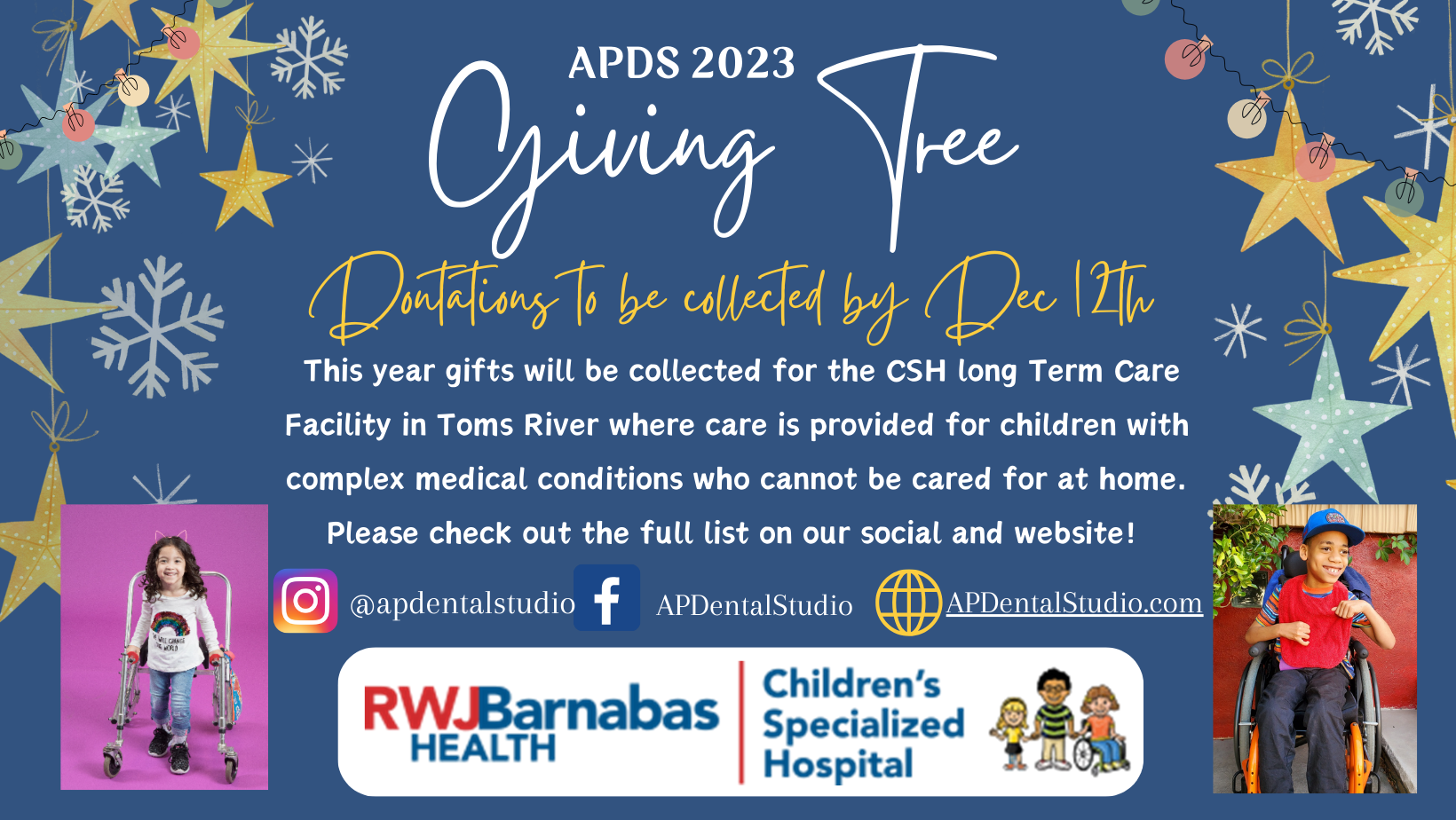 Giving Tree poster with holiday decorations and children's photos, promoting donations for CSH Long Term Care Facility.